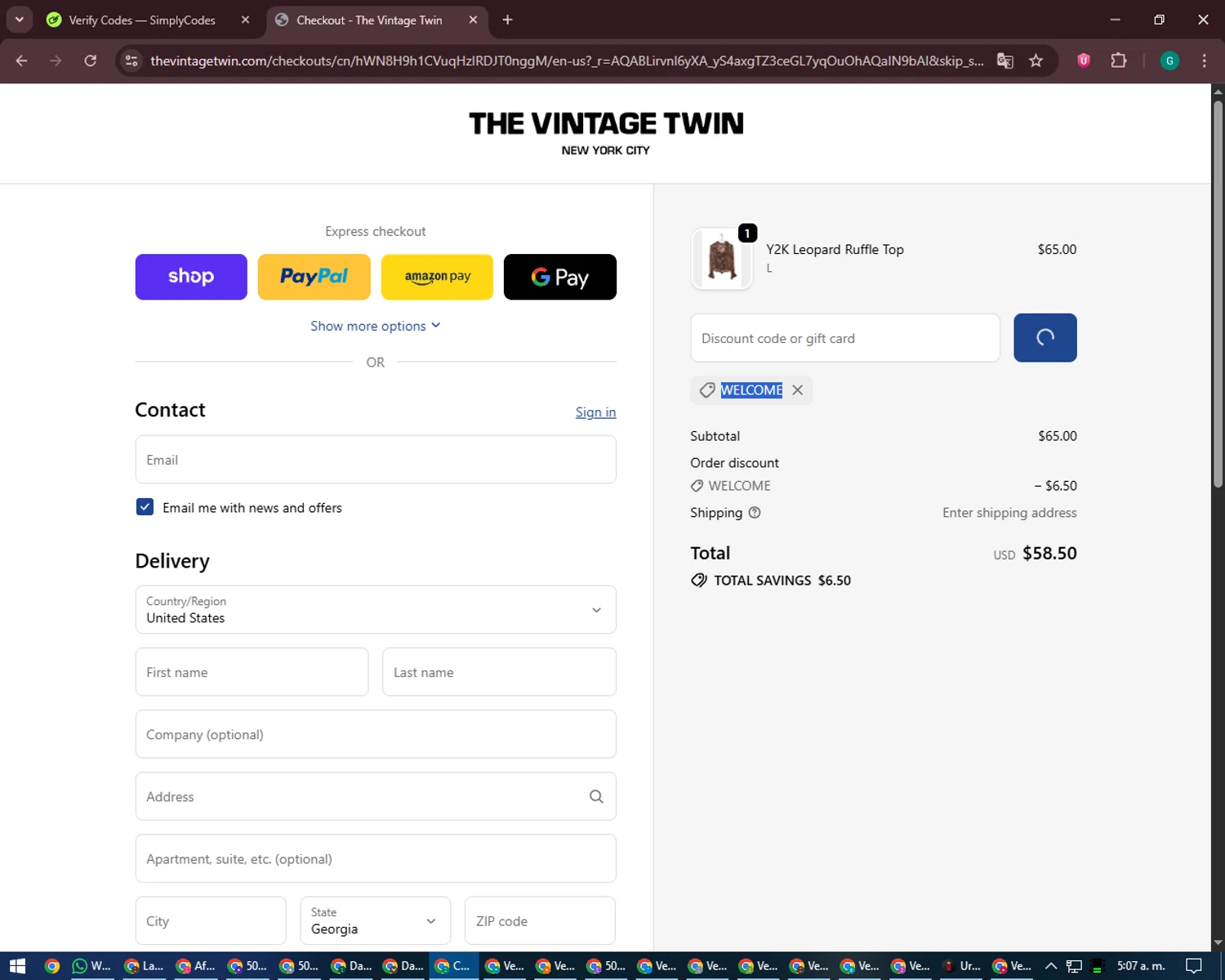 The Vintage Twin promo code screenshot showing code WELCOME applied at The Vintage Twin checkout page. Uploaded by SimplyCodes community member PennyFinder5759 on Feb 1, 2026