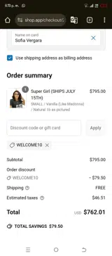 WELCOME10 coupon verification screenshot