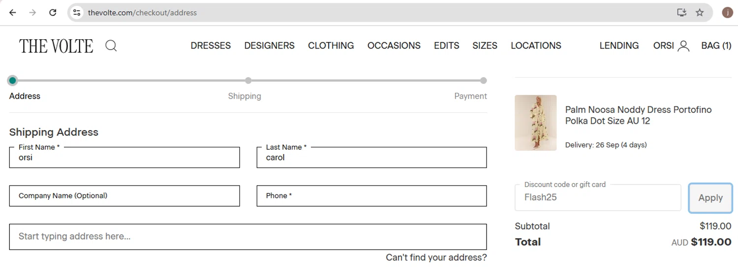 The Volte discount code screenshot showing code Flash25 applied at The Volte checkout page. Uploaded by SimplyCodes community member carol_lameda on Sep 24, 2025