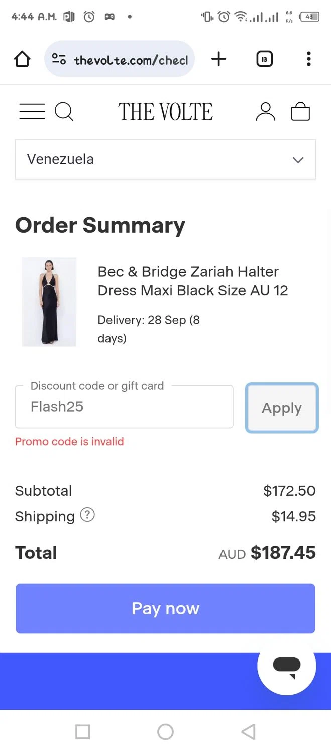 The Volte discount code screenshot showing code Flash25 applied at The Volte checkout page. Uploaded by SimplyCodes community member tumiedo on Sep 24, 2025