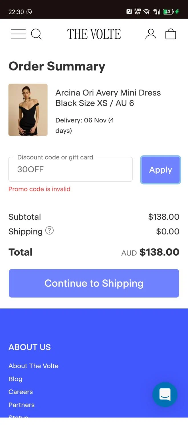 The Volte discount code screenshot showing code 30OFF applied at The Volte checkout page. Uploaded by SimplyCodes community member Papiee on Nov 5, 2025