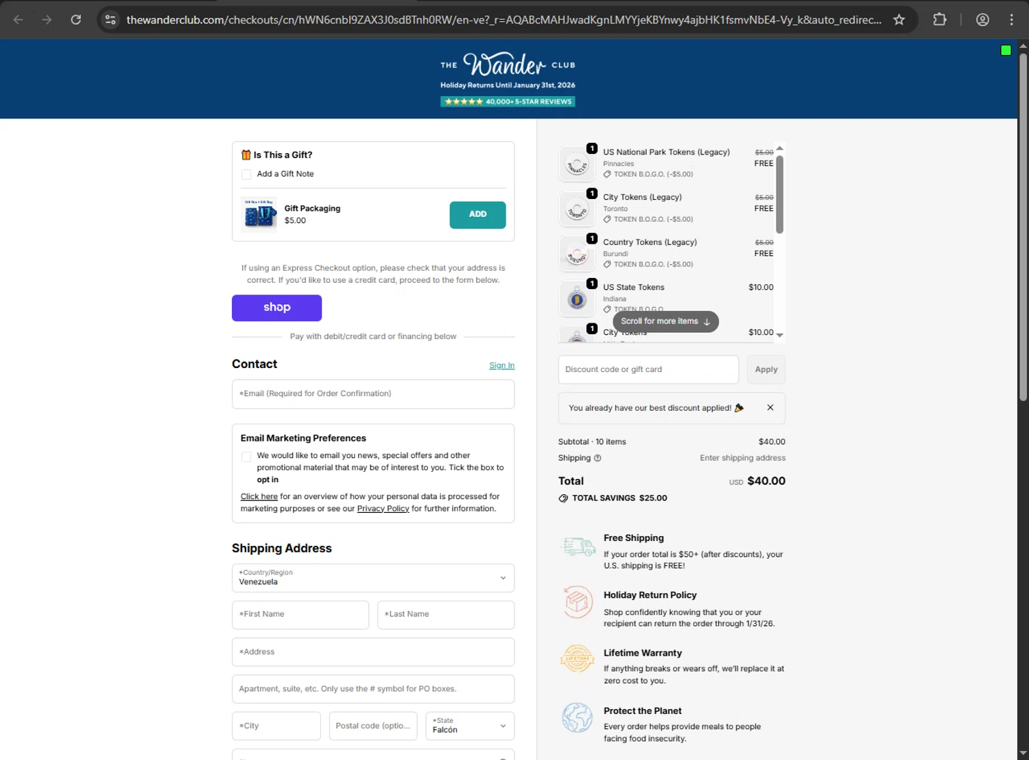 The Wander Club discount code screenshot showing code CWBWANDERER20 applied at The Wander Club checkout page. Uploaded by SimplyCodes community member Aljondris97 on Dec 19, 2025