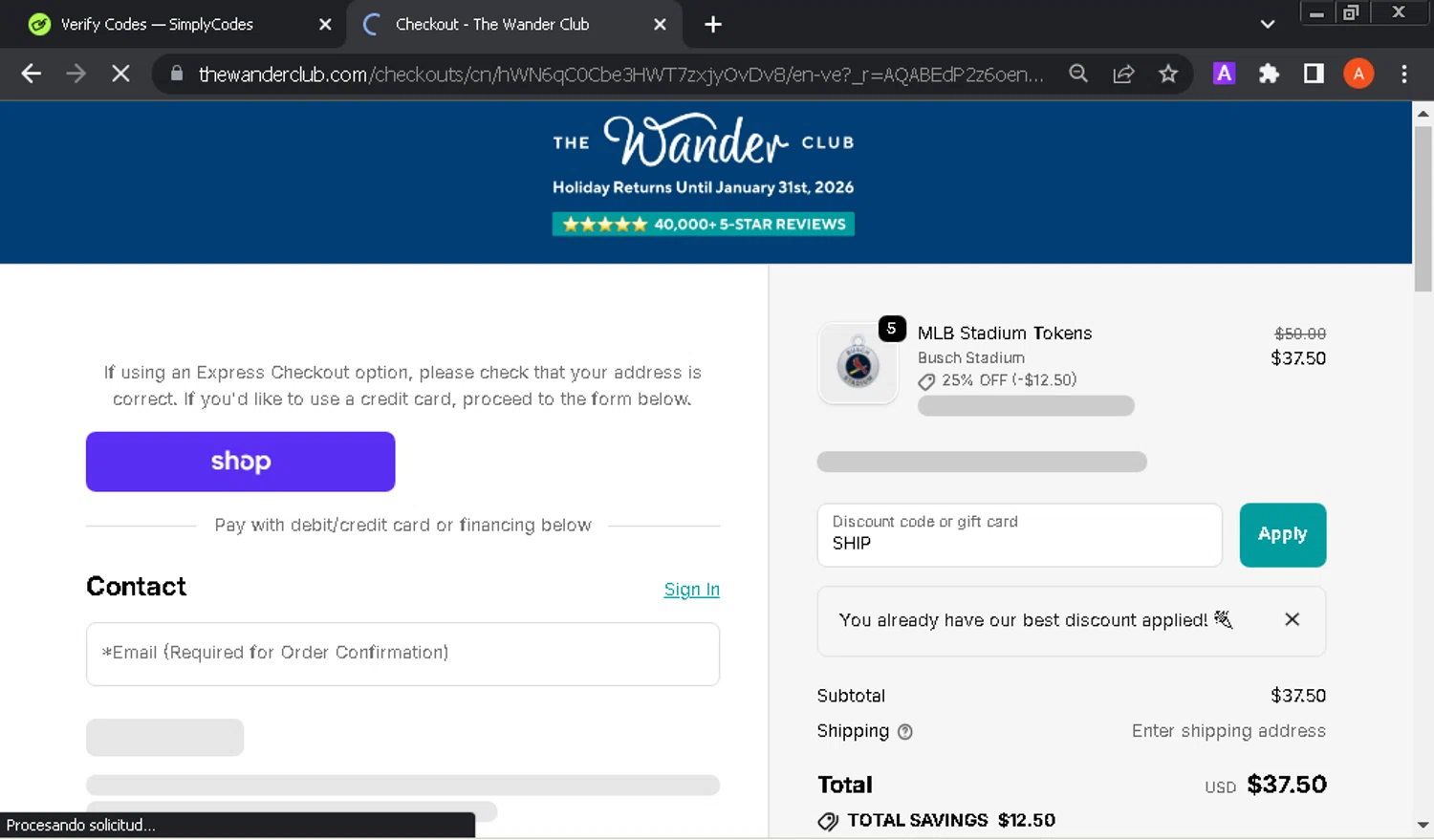 The Wander Club discount code screenshot showing code SHIP applied at The Wander Club checkout page. Uploaded by SimplyCodes community member GloriousOwl8819 on Dec 25, 2025