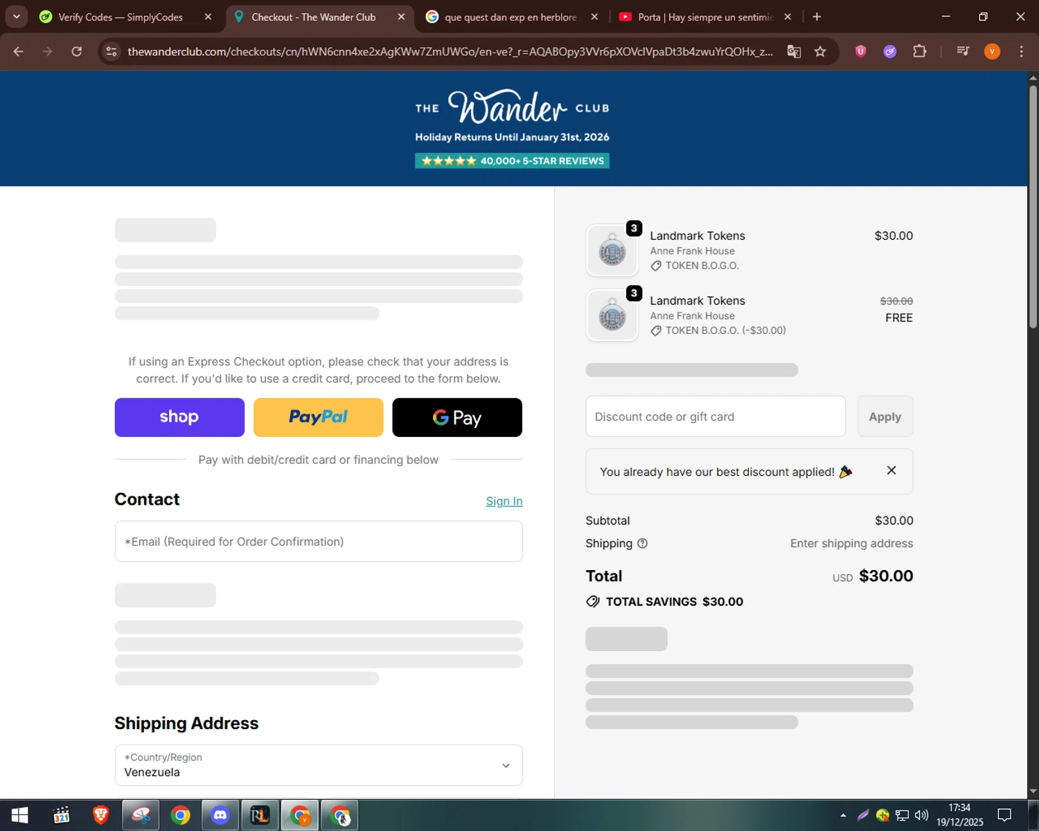 The Wander Club discount code screenshot showing code SHIP applied at The Wander Club checkout page. Uploaded by SimplyCodes community member bulbasaur69 on Dec 19, 2025