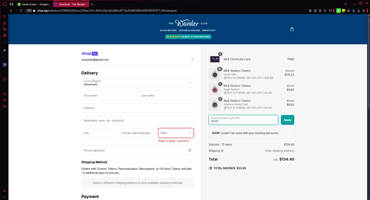 The Wander Club discount code screenshot showing code SHOP applied at The Wander Club checkout page. Uploaded by SimplyCodes community member Chris_bumstead on Apr 17, 2025