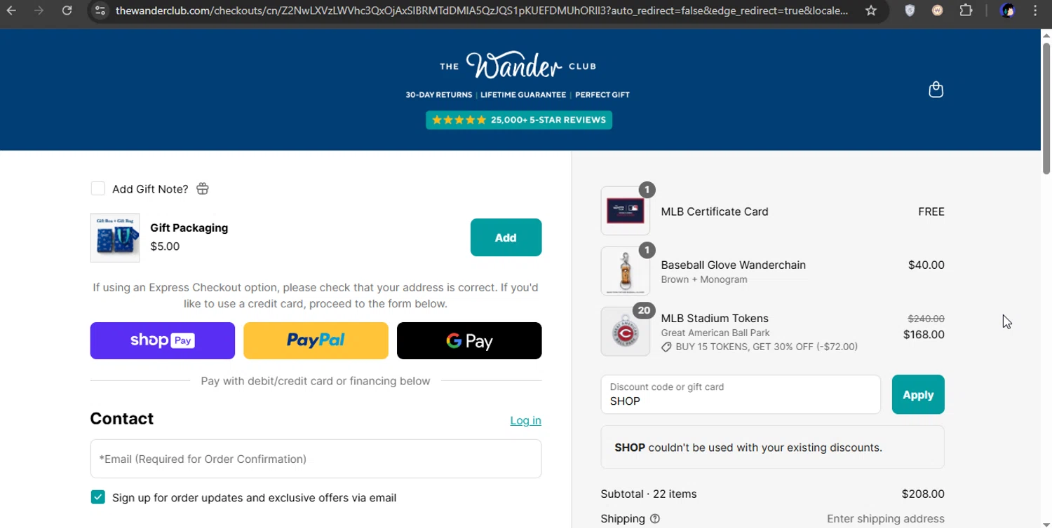 The Wander Club discount code screenshot showing code SHOP applied at The Wander Club checkout page. Uploaded by SimplyCodes community member xXSATOXx on Mar 19, 2025