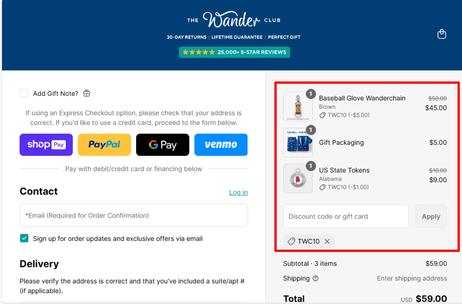 The Wander Club discount code screenshot showing code TWC10 applied at The Wander Club checkout page. Uploaded by SimplyCodes community member jamesalbertstevens on Apr 29, 2025