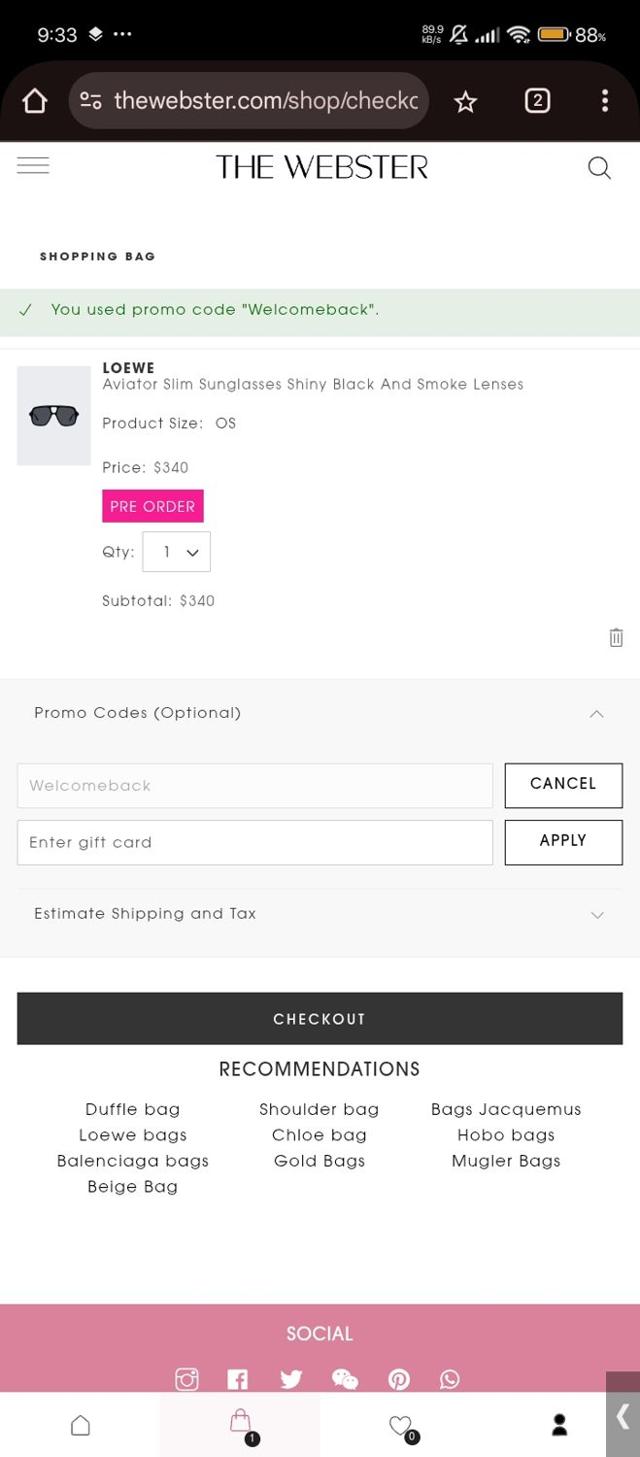 The Webster checkout page showing The Webster promo code box | Screenshot taken by SimplyCodes community member on Sep 2, 2025