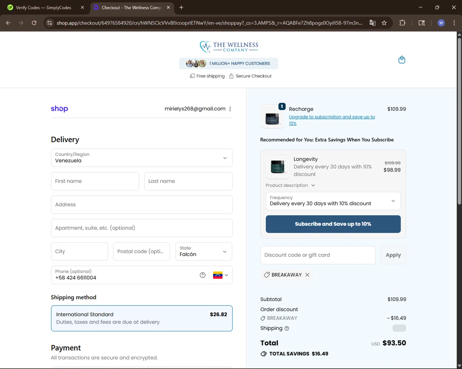 The Wellness Company discount code screenshot showing code BREAKAWAY applied at The Wellness Company checkout page. Uploaded by SimplyCodes community member VoucherElite7352 on Nov 12, 2025