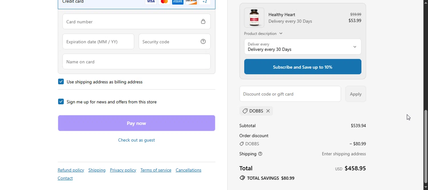 The Wellness Company discount code screenshot showing code DOBBS applied at The Wellness Company checkout page. Uploaded by SimplyCodes community member Enmanuel99 on Jul 28, 2025