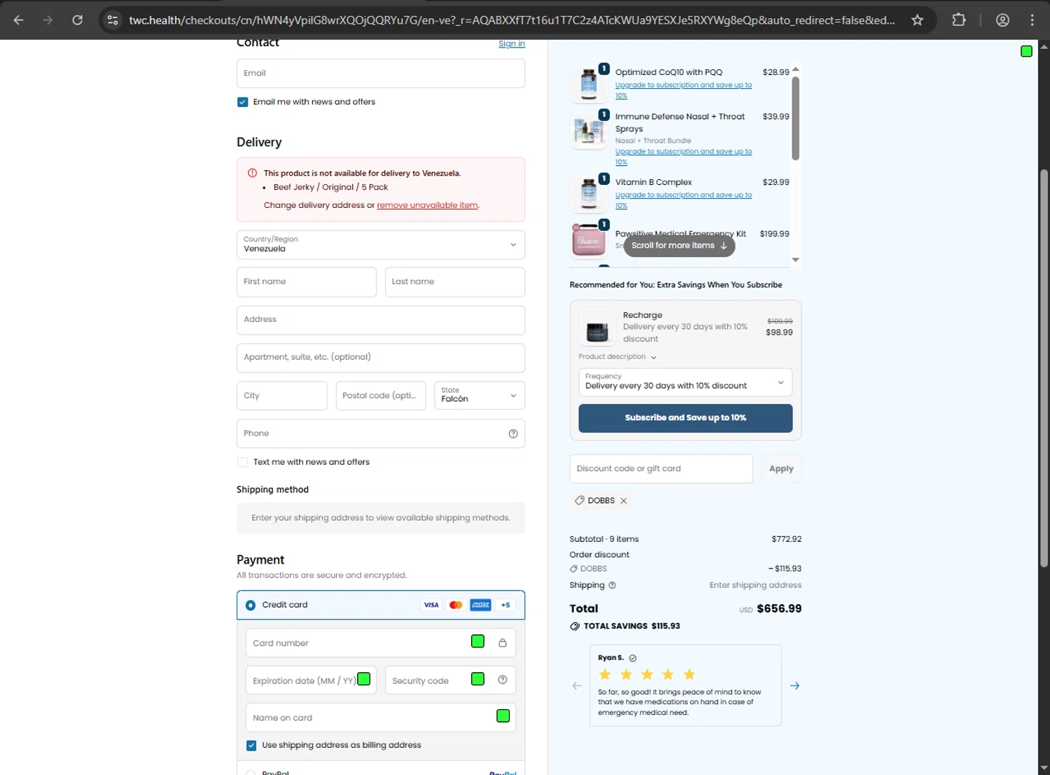 The Wellness Company discount code screenshot showing code DOBBS applied at The Wellness Company checkout page. Uploaded by SimplyCodes community member MAHORAGA on Nov 6, 2025