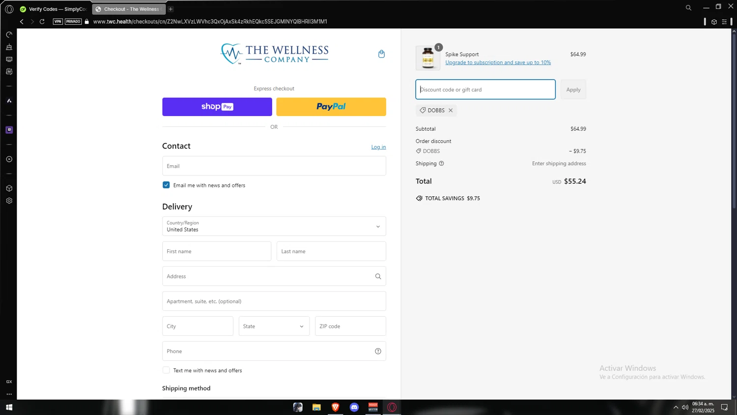The Wellness Company discount code screenshot showing code DOBBS applied at The Wellness Company checkout page. Uploaded by SimplyCodes community member Vipera on Feb 27, 2025