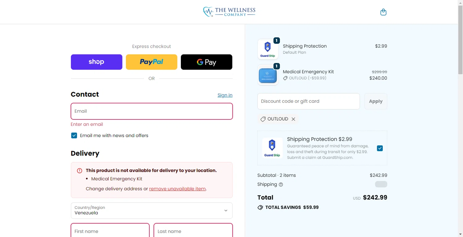 The Wellness Company discount code screenshot showing code OUTLOUD applied at The Wellness Company checkout page. Uploaded by SimplyCodes community member CodeFinder699 on Oct 16, 2025