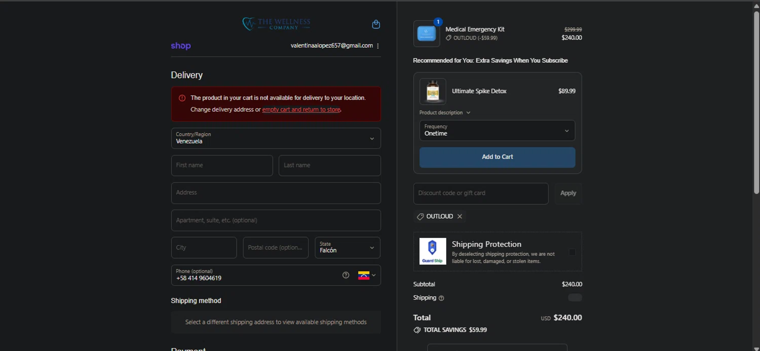 The Wellness Company discount code screenshot showing code OUTLOUD applied at The Wellness Company checkout page. Uploaded by SimplyCodes community member Nicoletorres on Aug 31, 2025