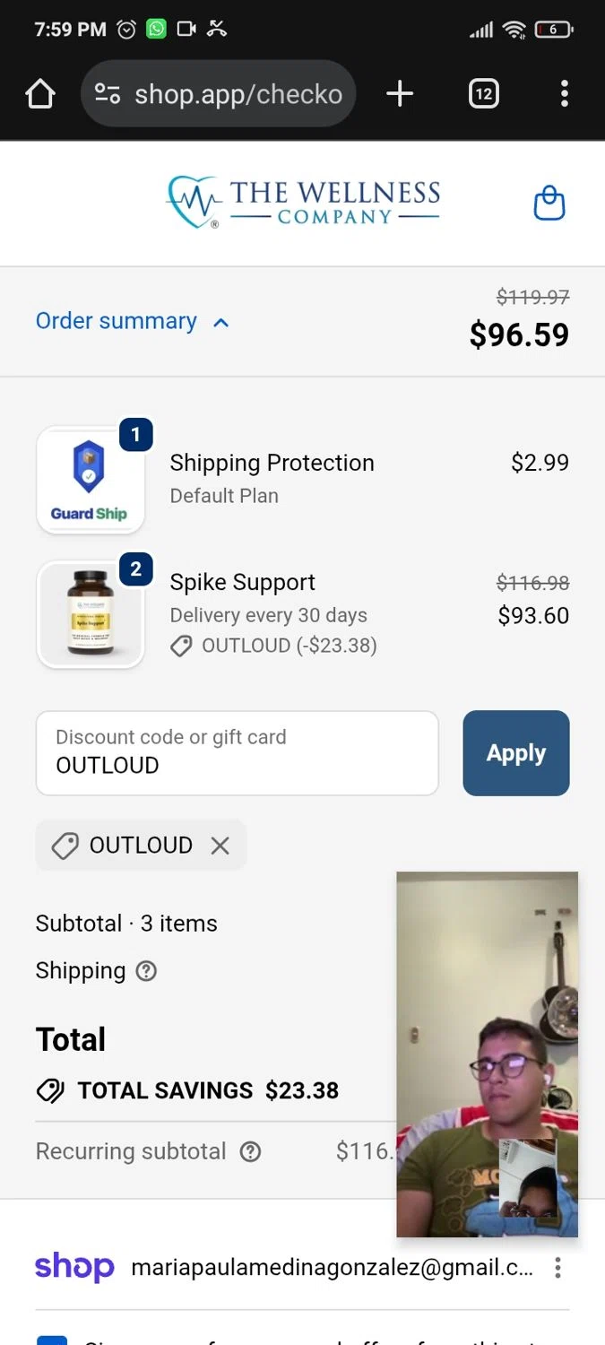 The Wellness Company discount code screenshot showing code OUTLOUD applied at The Wellness Company checkout page. Uploaded by SimplyCodes community member PromoMaven605 on Oct 8, 2025