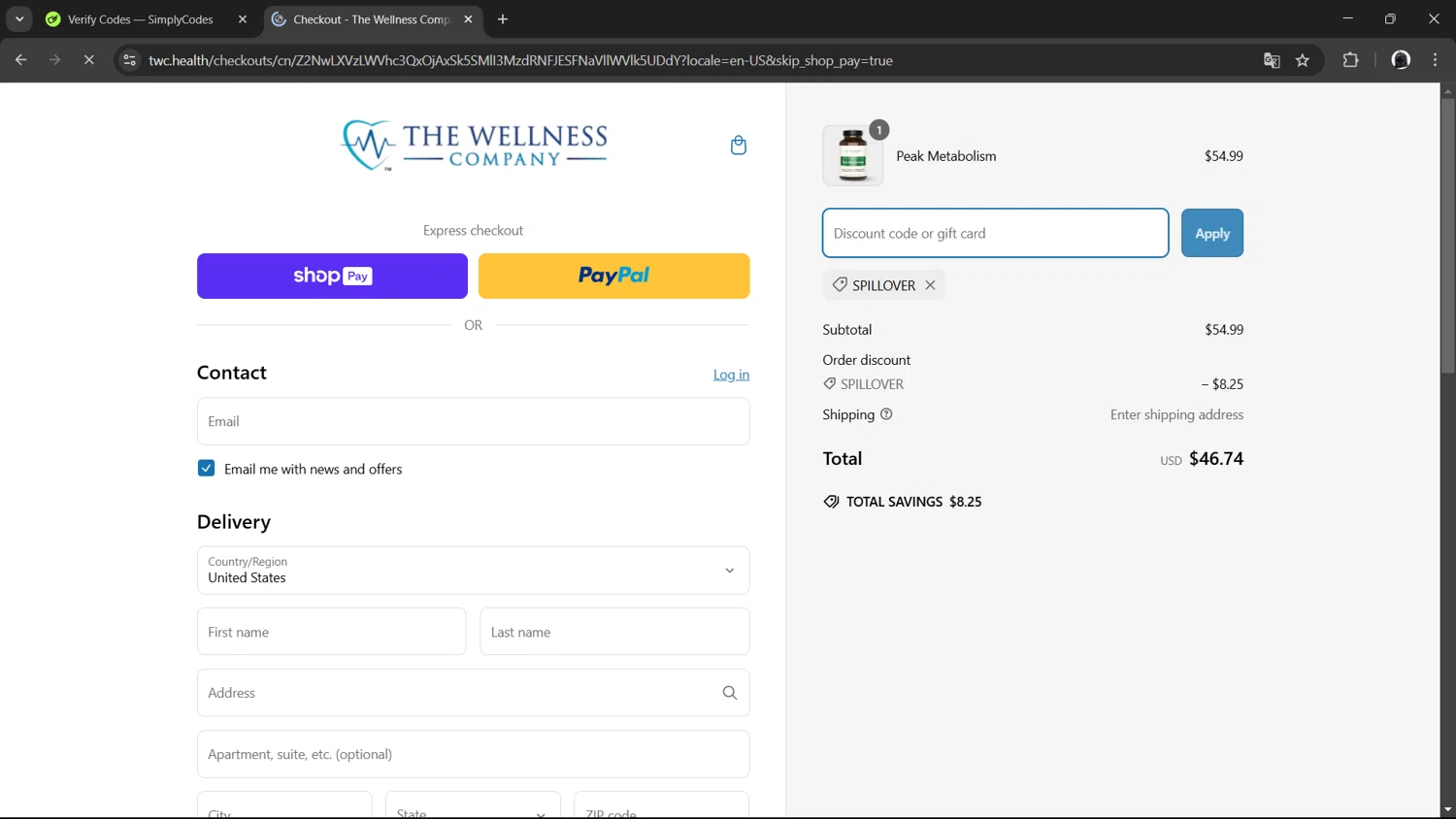 The Wellness Company discount code screenshot showing code SPILLOVER applied at The Wellness Company checkout page. Uploaded by SimplyCodes community member RedGuy on Mar 7, 2025