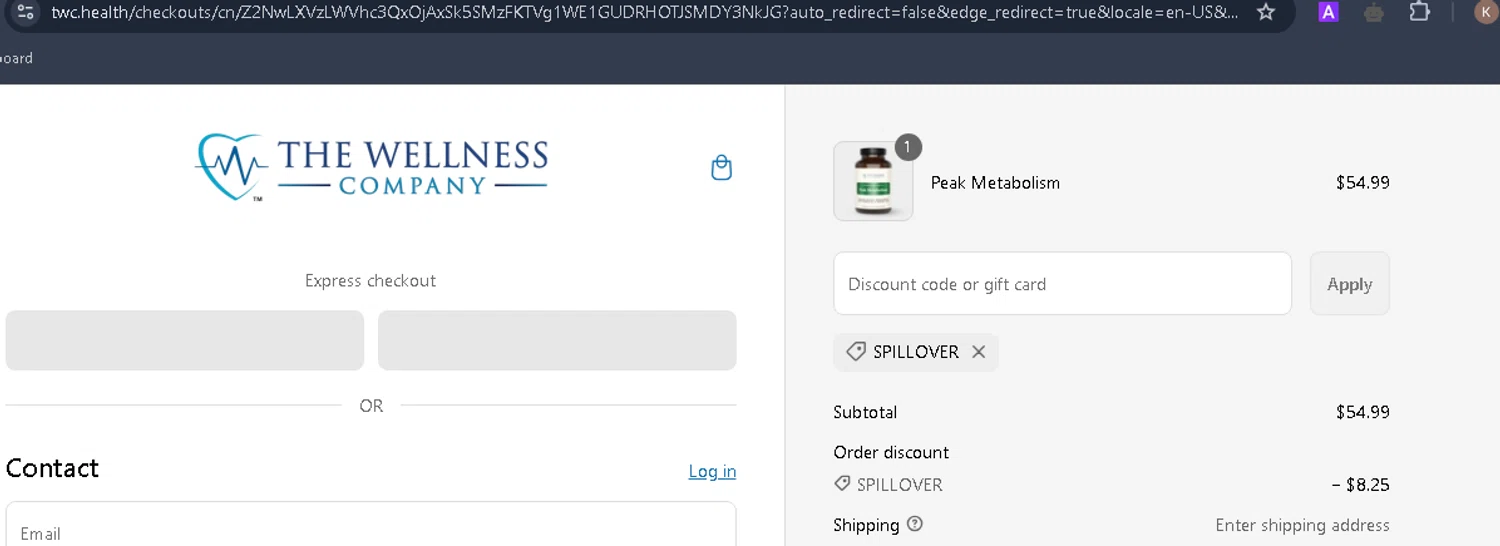 The Wellness Company discount code screenshot showing code SPILLOVER applied at The Wellness Company checkout page. Uploaded by SimplyCodes community member Rengoku on Mar 7, 2025