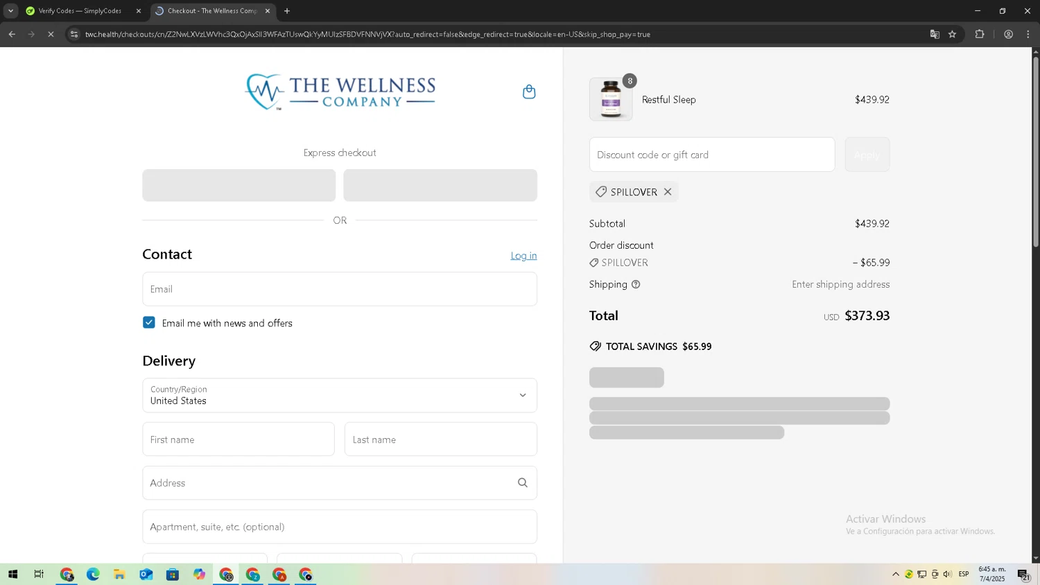 The Wellness Company discount code screenshot showing code SPILLOVER applied at The Wellness Company checkout page. Uploaded by SimplyCodes community member TreasureTitan9744 on Apr 7, 2025