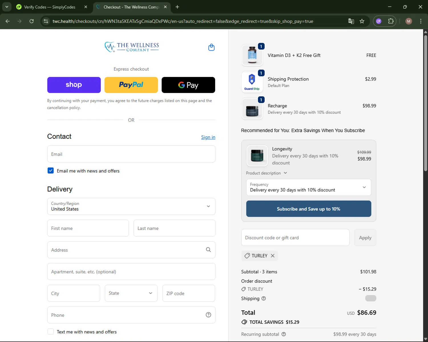 The Wellness Company discount code screenshot showing code TURLEY applied at The Wellness Company checkout page. Uploaded by SimplyCodes community member CoinLegend4598 on Oct 8, 2025
