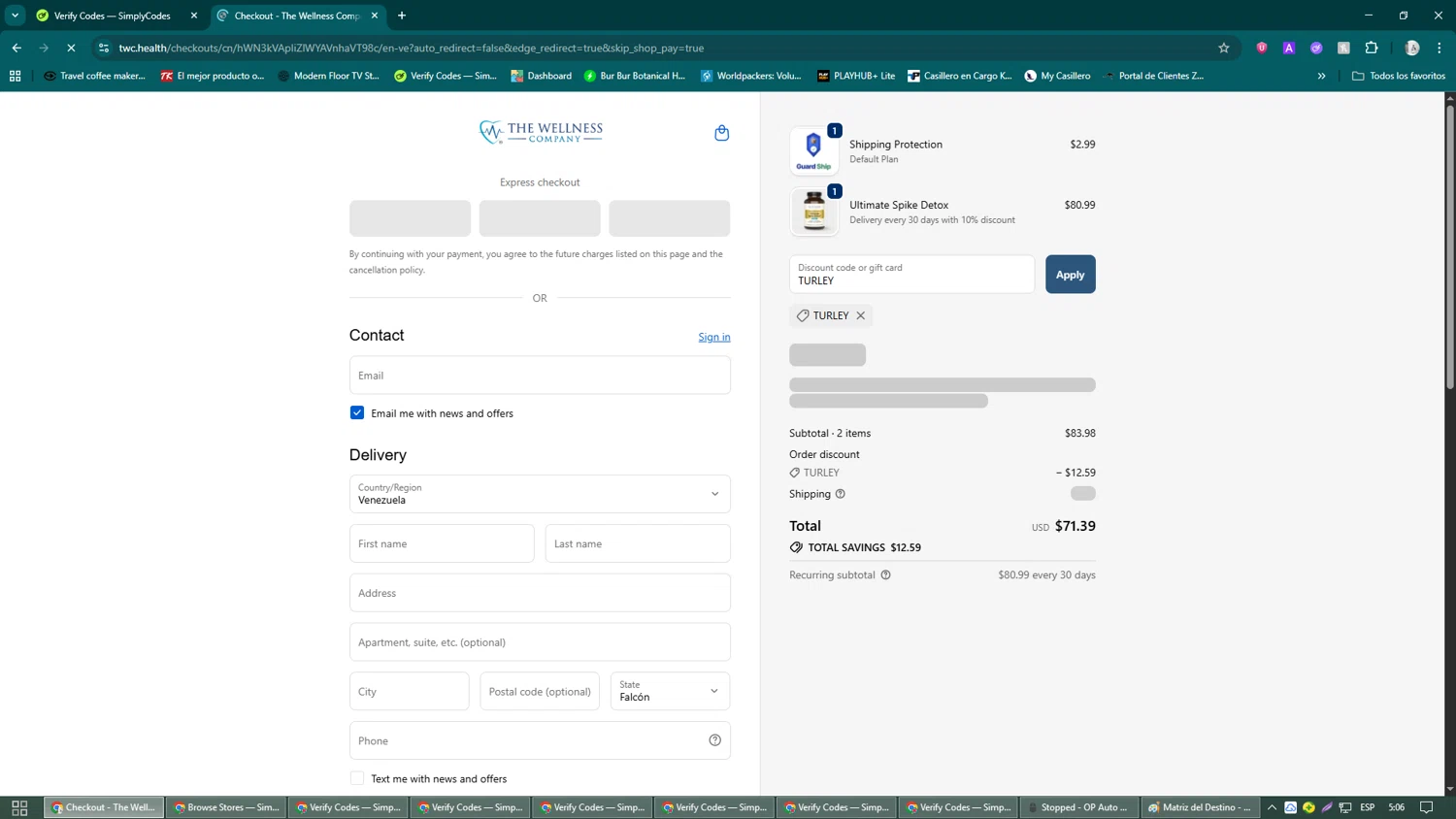 The Wellness Company discount code screenshot showing code TURLEY applied at The Wellness Company checkout page. Uploaded by SimplyCodes community member John_Johnson on Oct 5, 2025