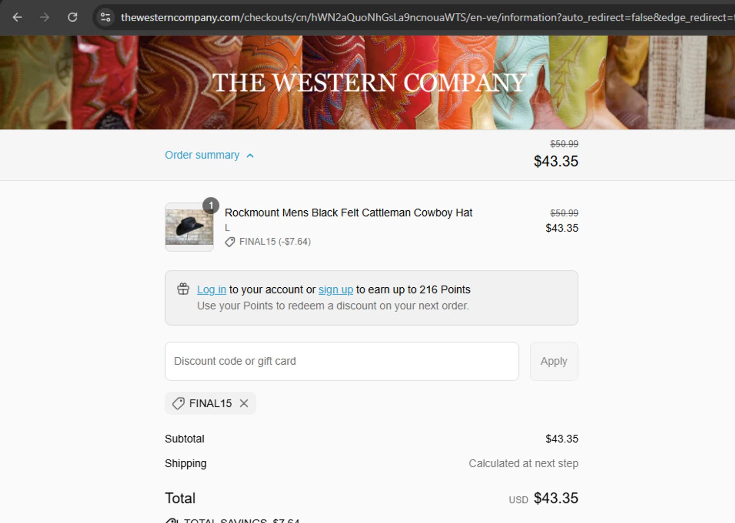 The Western Company promo code screenshot showing code FINAL15 applied at The Western Company checkout page. Uploaded by SimplyCodes community member ExtraordinarySleuth3936 on Sep 4, 2025