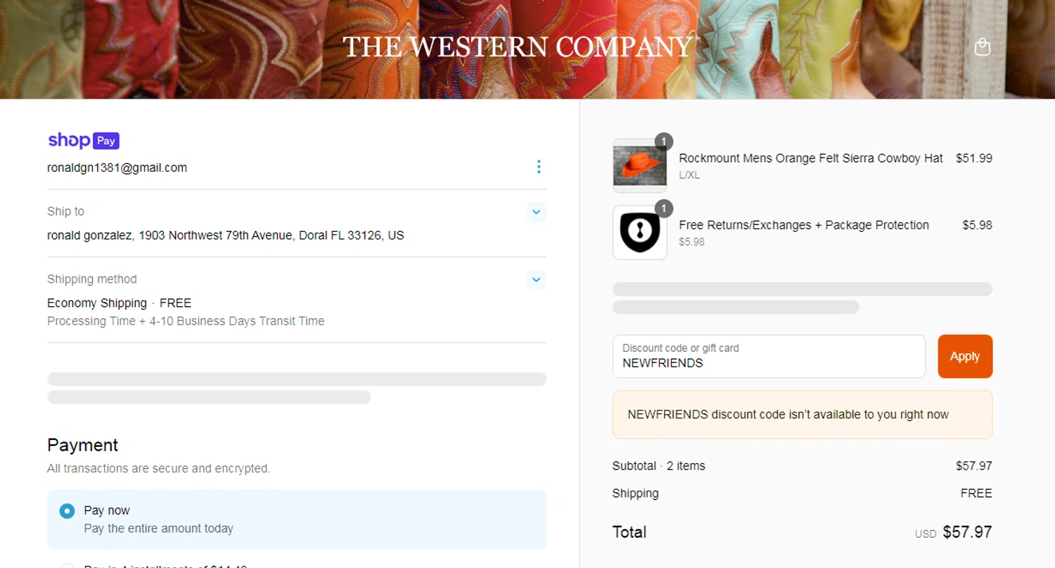 The Western Company promo code screenshot showing code NEWFRIENDS applied at The Western Company checkout page. Uploaded by SimplyCodes community member SmartSaver7916 on Jun 22, 2025