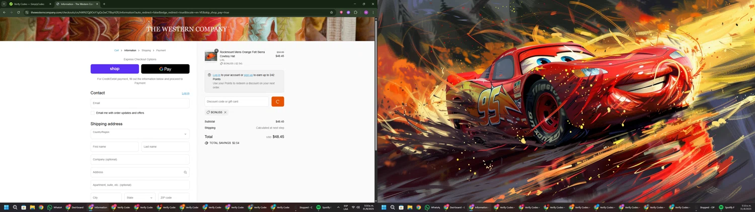The Western Company promo code screenshot showing code BONUS5 applied at The Western Company checkout page. Uploaded by SimplyCodes community member PennyWizard1195 on Aug 31, 2025