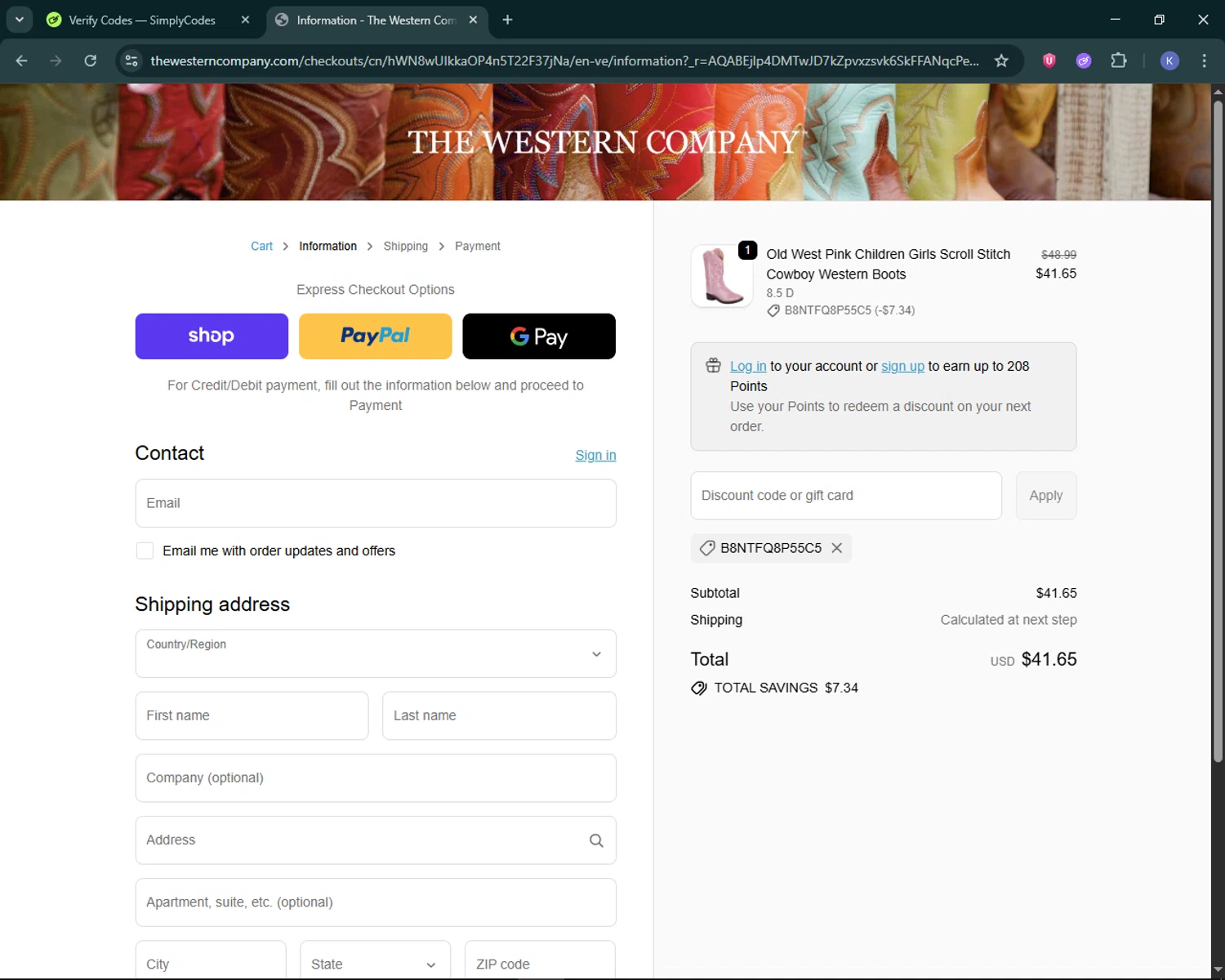 The Western Company promo code screenshot showing code B8NTFQ8P55C5 applied at The Western Company checkout page. Uploaded by SimplyCodes community member KevLapage on Feb 18, 2026