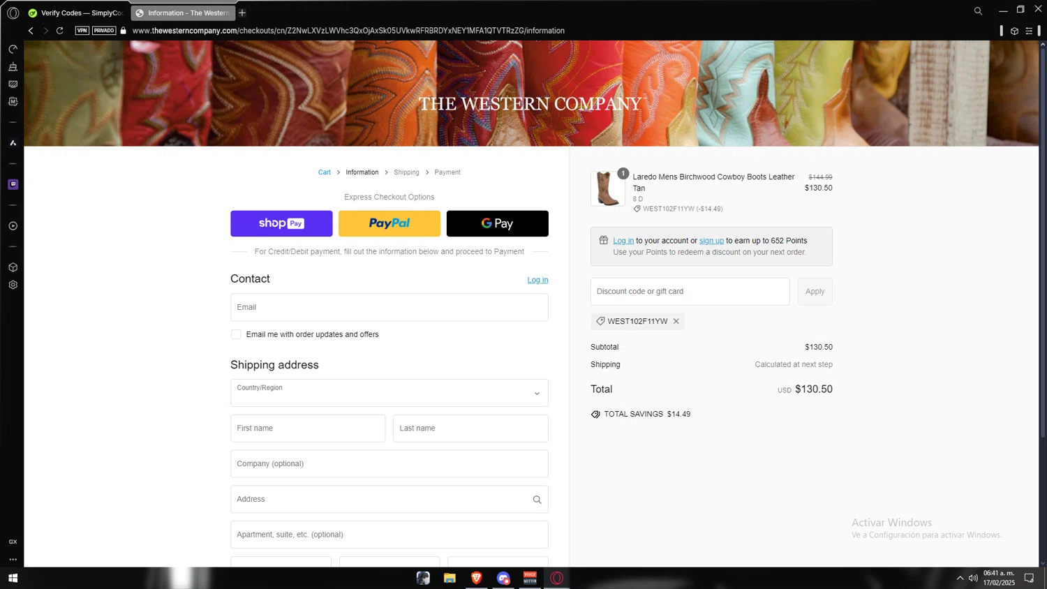 The Western Company promo code screenshot showing code WEST102F11YW applied at The Western Company checkout page. Uploaded by SimplyCodes community member Vipera on Feb 17, 2025