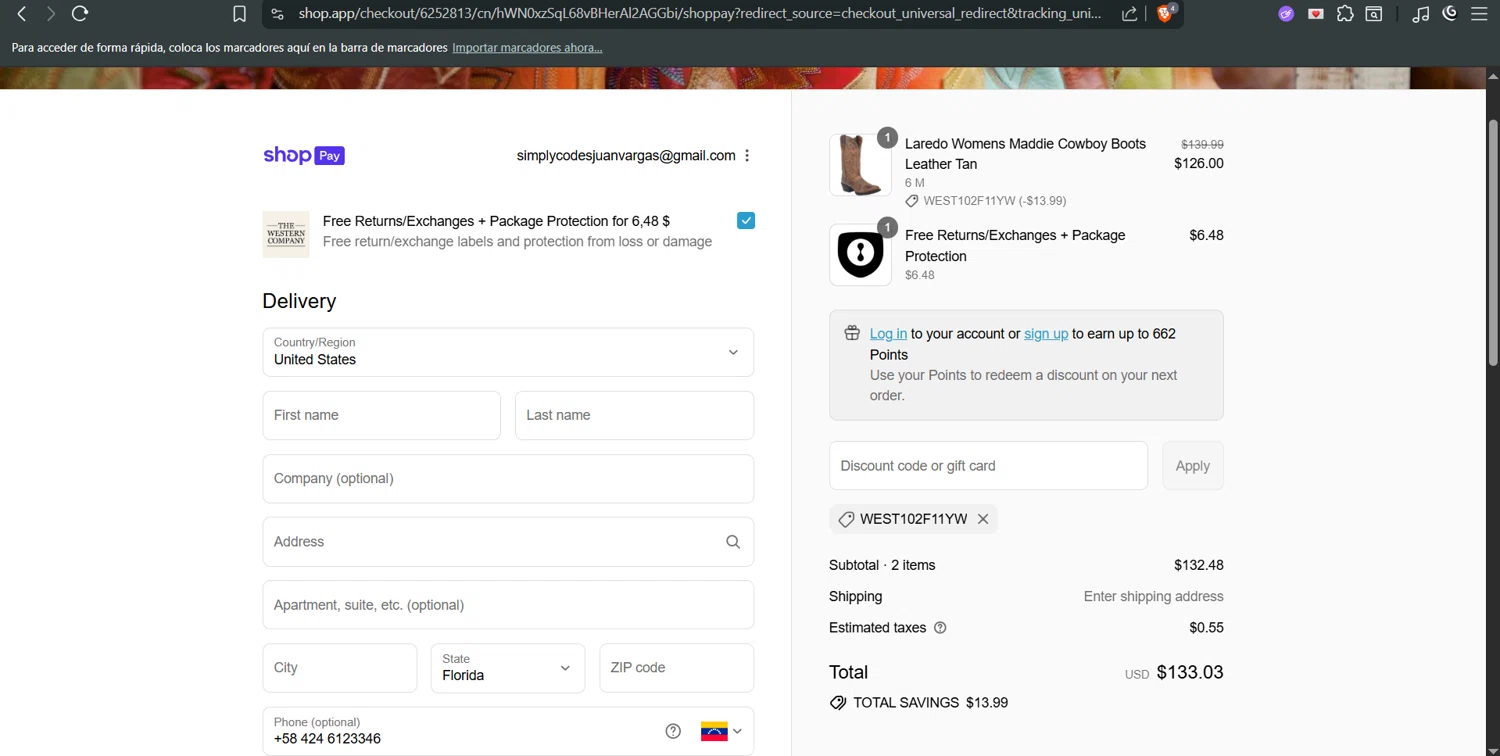 The Western Company promo code screenshot showing code WEST102F11YW applied at The Western Company checkout page. Uploaded by SimplyCodes community member juanvargas1 on Jul 23, 2025