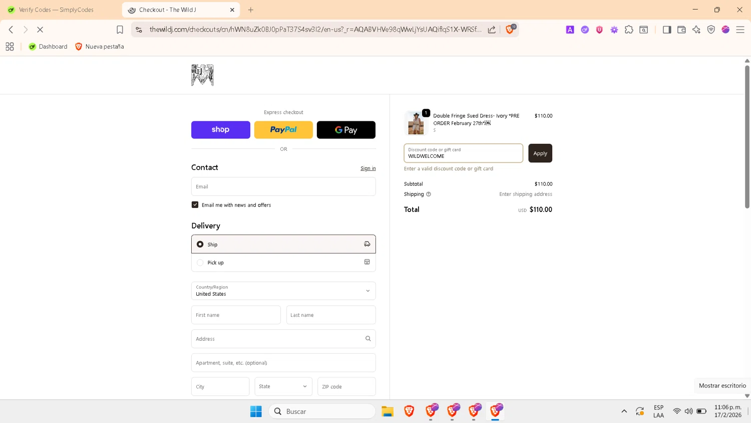 The Wild J promo code screenshot showing code WILDWELCOME applied at The Wild J checkout page. Uploaded by SimplyCodes community member PrimeWhiz4850 on Feb 18, 2026