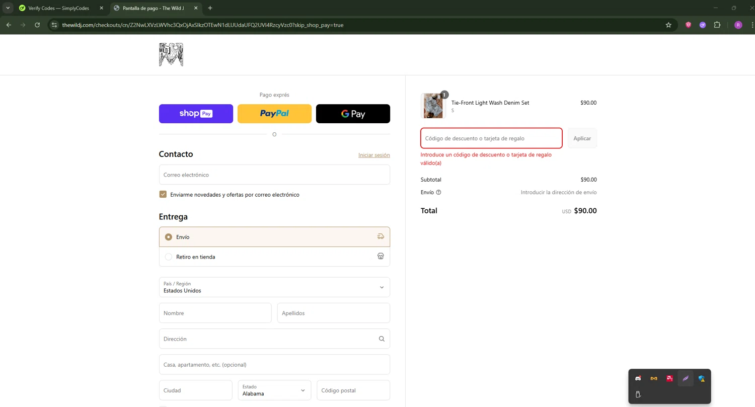 The Wild J promo code screenshot showing code WILDWELCOME applied at The Wild J checkout page. Uploaded by SimplyCodes community member RoyalSentinel4577 on Jun 19, 2025