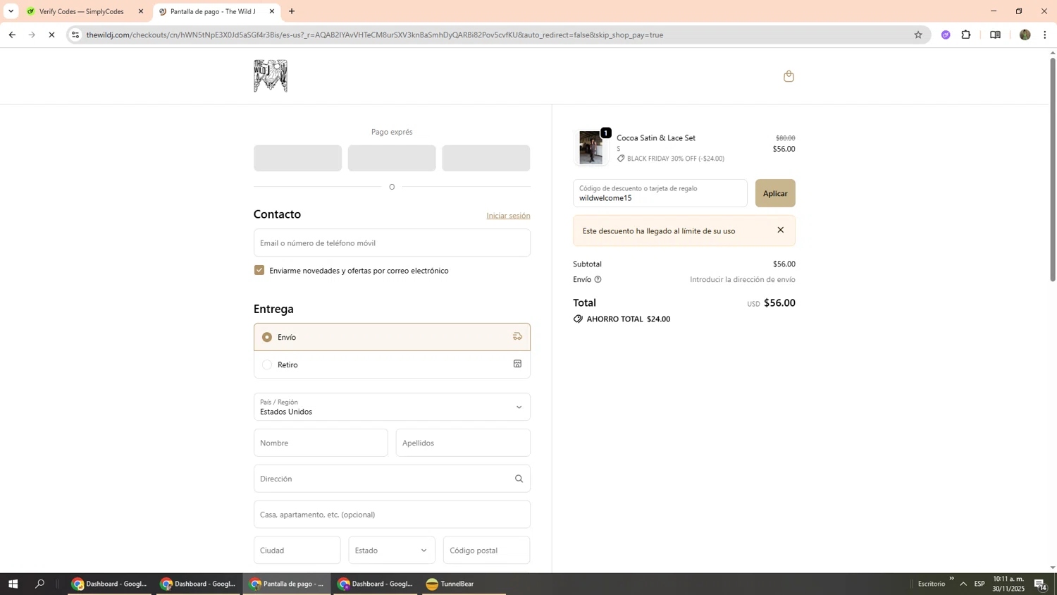 The Wild J promo code screenshot showing code wildwelcome15 applied at The Wild J checkout page. Uploaded by SimplyCodes community member Phoenix585 on Nov 30, 2025