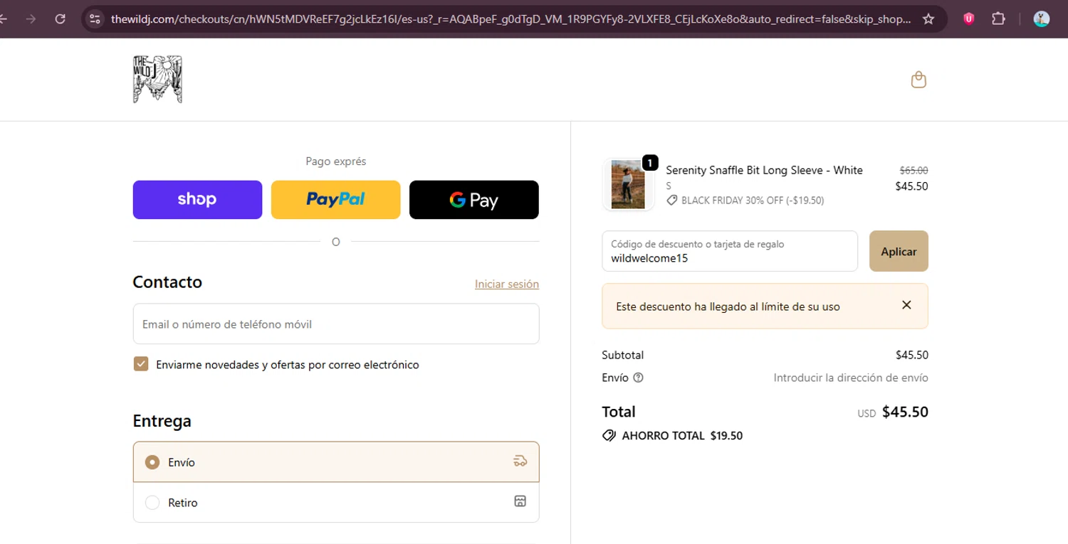 The Wild J promo code screenshot showing code wildwelcome15 applied at The Wild J checkout page. Uploaded by SimplyCodes community member elgatobravo on Nov 30, 2025