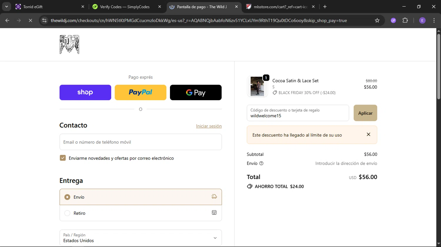 The Wild J promo code screenshot showing code wildwelcome15 applied at The Wild J checkout page. Uploaded by SimplyCodes community member satoru on Nov 30, 2025