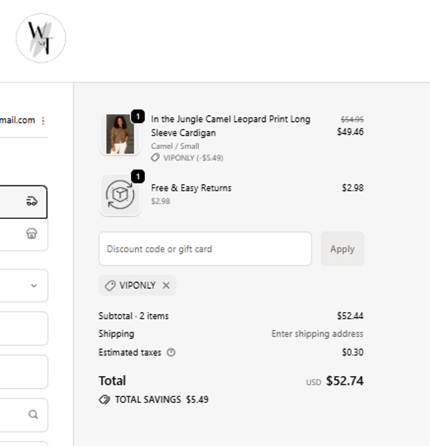 The Willow Tree Boutique coupon code screenshot showing code VIPONLY applied at The Willow Tree Boutique checkout page. Uploaded by SimplyCodes community member Diaz22 on Oct 8, 2025