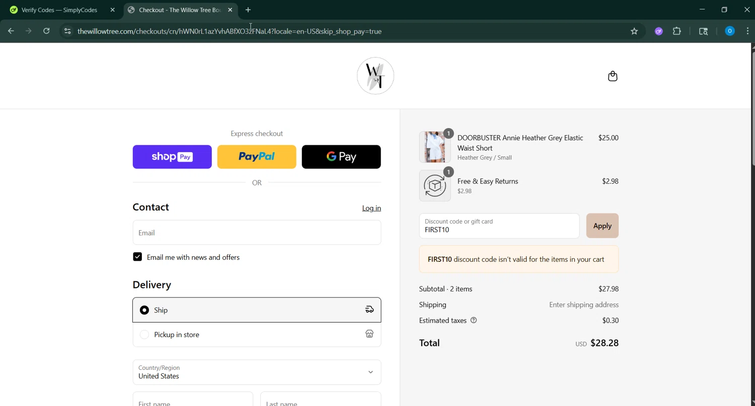 The Willow Tree Boutique coupon code screenshot showing code FIRST10 applied at The Willow Tree Boutique checkout page. Uploaded by SimplyCodes community member _____________ on Jul 21, 2025