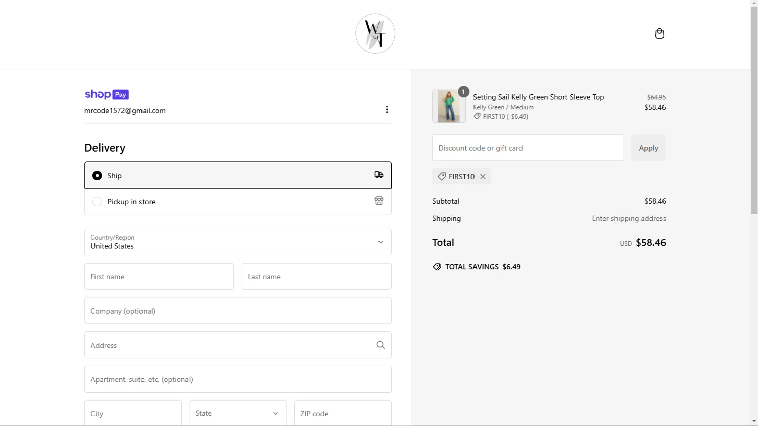 The Willow Tree Boutique coupon code screenshot showing code FIRST10 applied at The Willow Tree Boutique checkout page. Uploaded by SimplyCodes community member TokioMiller on Jan 19, 2025