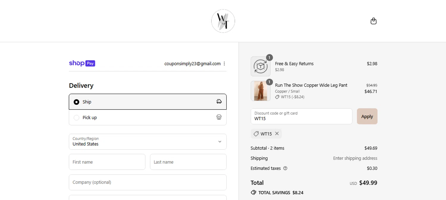 The Willow Tree Boutique coupon code screenshot showing code WT15 applied at The Willow Tree Boutique checkout page. Uploaded by SimplyCodes community member CarmenAyuth on Aug 10, 2025