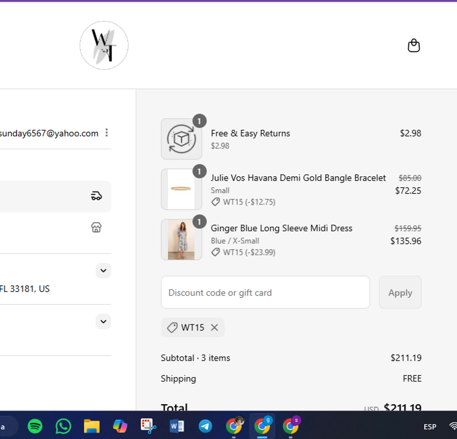 The Willow Tree Boutique coupon code screenshot showing code WT15 applied at The Willow Tree Boutique checkout page. Uploaded by SimplyCodes community member FrugalVirtuoso6318 on Aug 28, 2025
