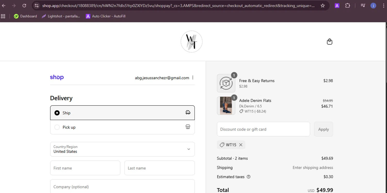The Willow Tree Boutique coupon code screenshot showing code WT15 applied at The Willow Tree Boutique checkout page. Uploaded by SimplyCodes community member RebateFalcon3172 on Sep 9, 2025