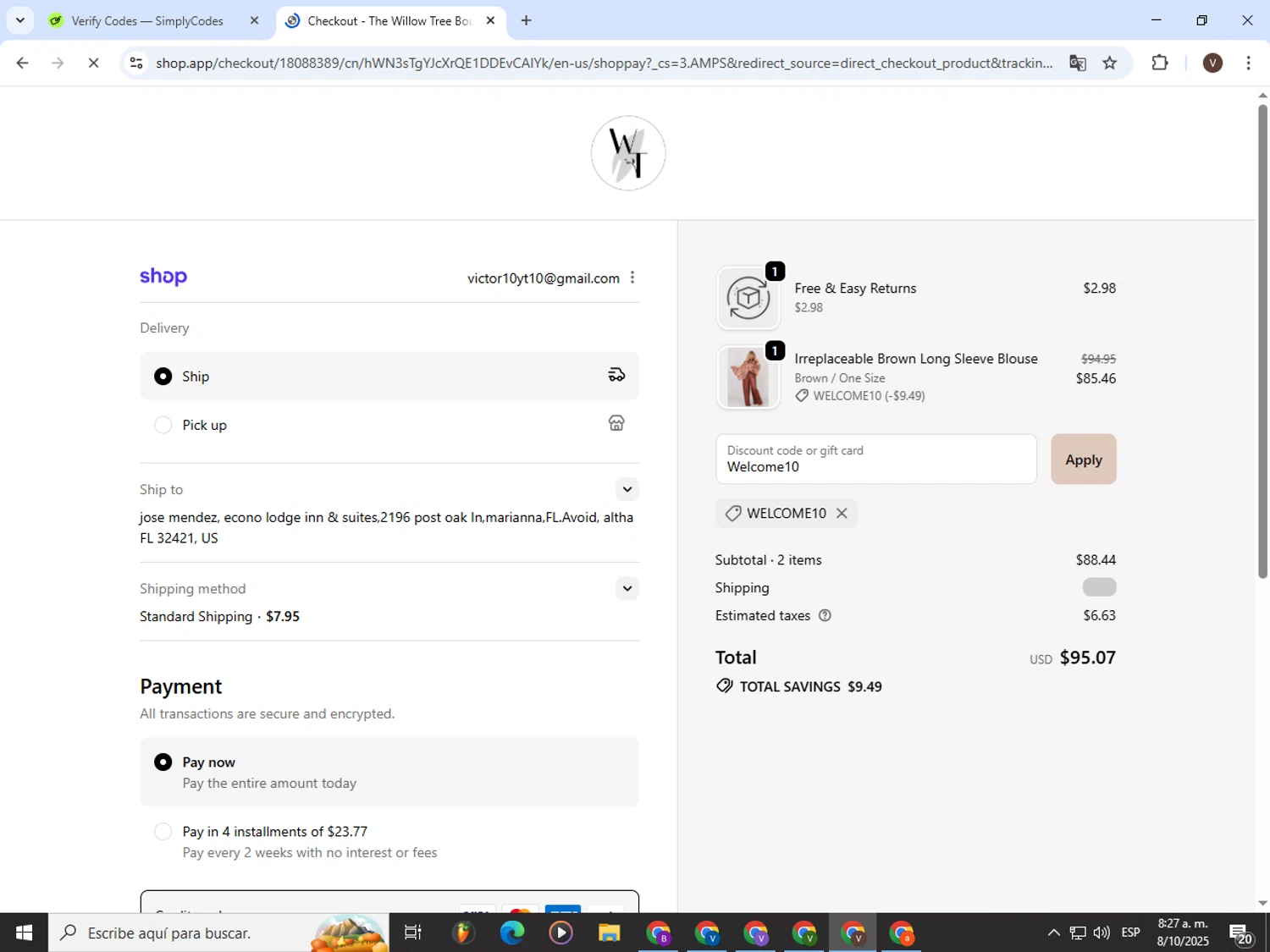 The Willow Tree Boutique coupon code screenshot showing code Welcome10 applied at The Willow Tree Boutique checkout page. Uploaded by SimplyCodes community member CashLion3448 on Oct 8, 2025