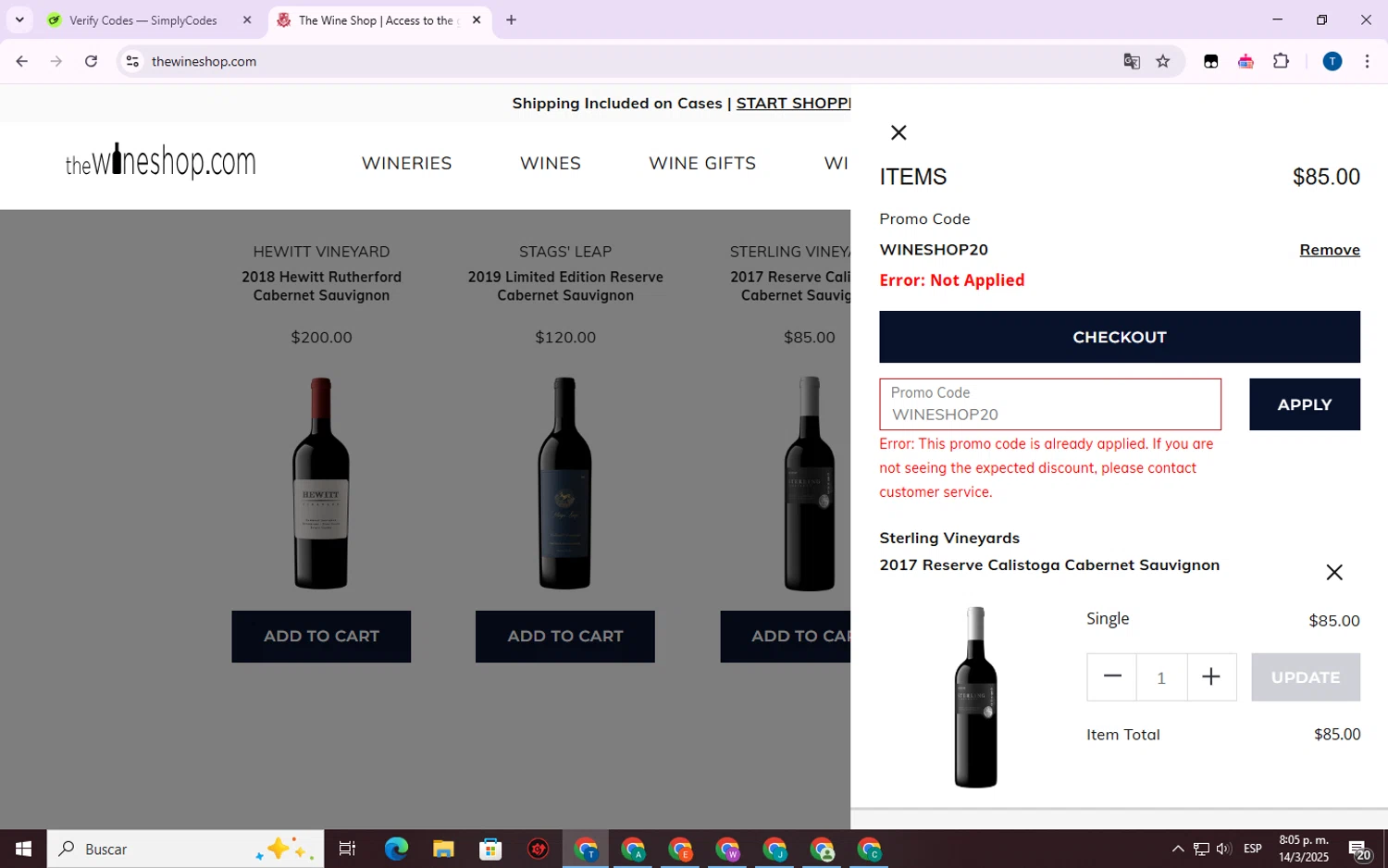 The Wine Shop promo code screenshot showing code WINESHOP20 applied at The Wine Shop checkout page. Uploaded by SimplyCodes community member WonderVirtuoso7677 on Mar 15, 2025