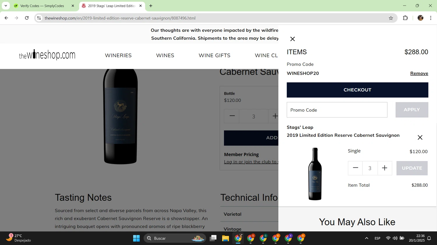 The Wine Shop checkout page showing The Wine Shop promo code box | Screenshot taken by SimplyCodes community member on Jan 21, 2025