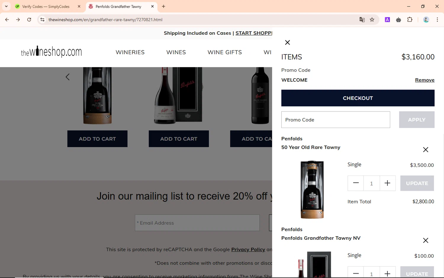 The Wine Shop checkout page showing The Wine Shop promo code box | Screenshot taken by SimplyCodes community member on Dec 23, 2024