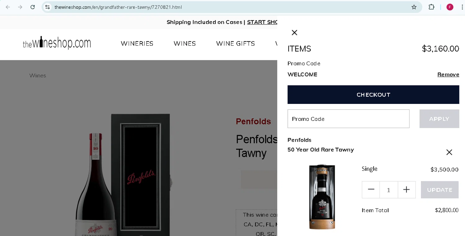 The Wine Shop checkout page showing The Wine Shop promo code box | Screenshot taken by SimplyCodes community member on Dec 23, 2024