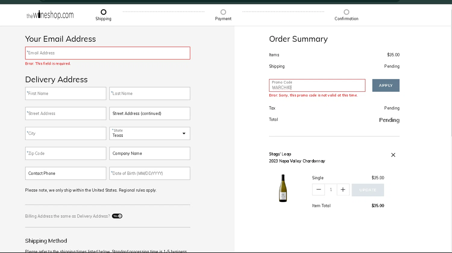 The Wine Shop promo code screenshot showing code MARCH40 applied at The Wine Shop checkout page. Uploaded by SimplyCodes community member VictoriaMoyeda on Feb 7, 2025