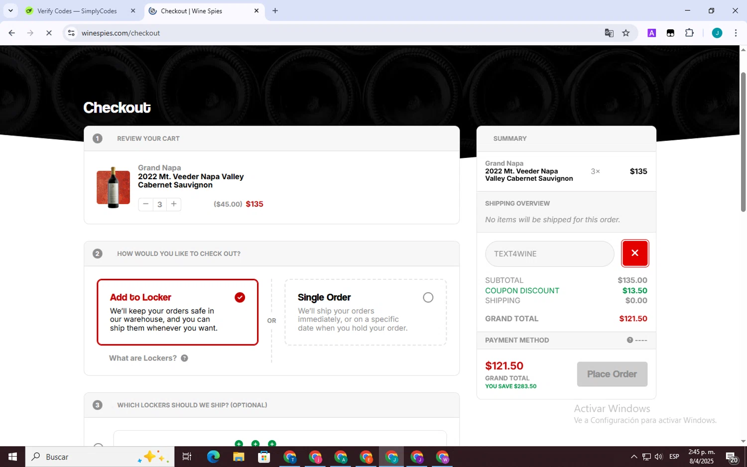 The Wine Spies promo code screenshot showing code TEXT4WINE applied at The Wine Spies checkout page. Uploaded by SimplyCodes community member VictoriousSpotter751 on Apr 8, 2025
