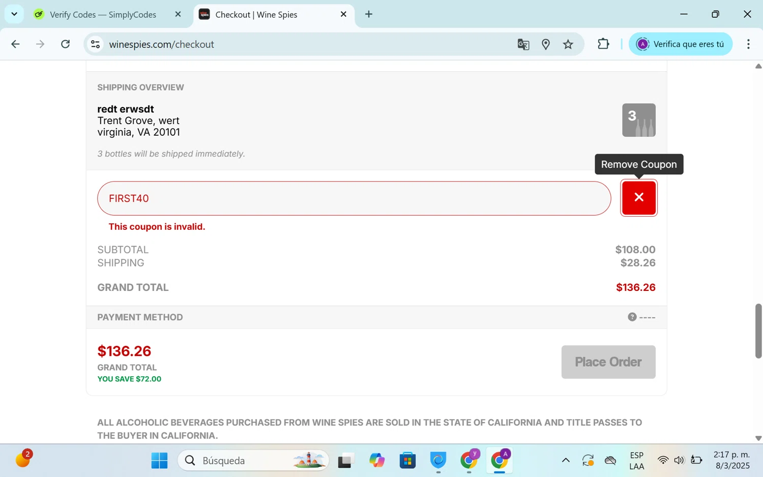 The Wine Spies promo code screenshot showing code FIRST40 applied at The Wine Spies checkout page. Uploaded by SimplyCodes community member SEANJOHN55 on Mar 8, 2025