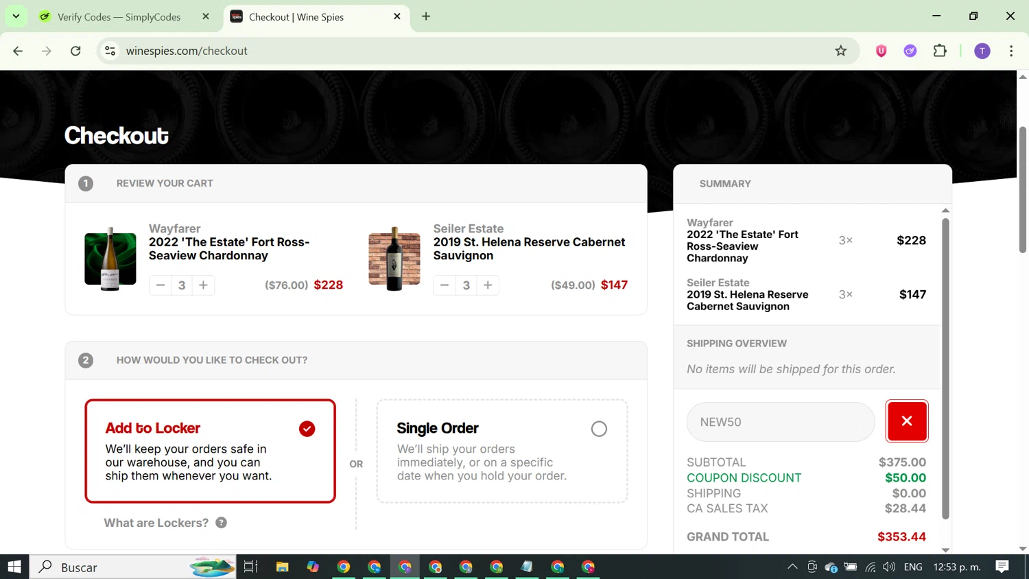 The Wine Spies checkout page showing The Wine Spies promo code box | Screenshot taken by SimplyCodes community member on Jun 19, 2025